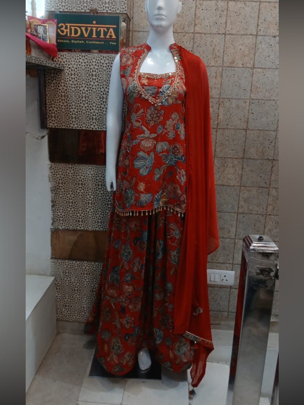 Red Floral Chinon kurta with skirt/ lehenga and Dupatta